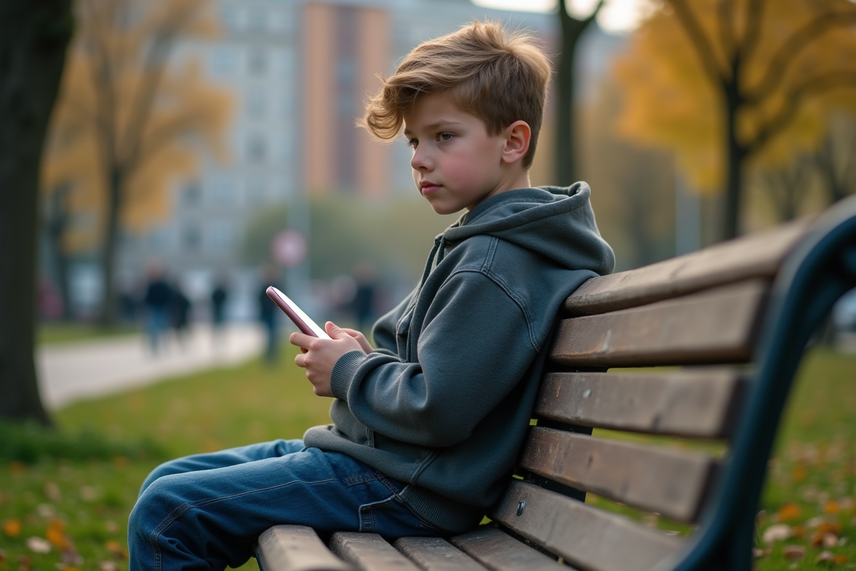Adolescent sur un banc de parc regardant son smartphone