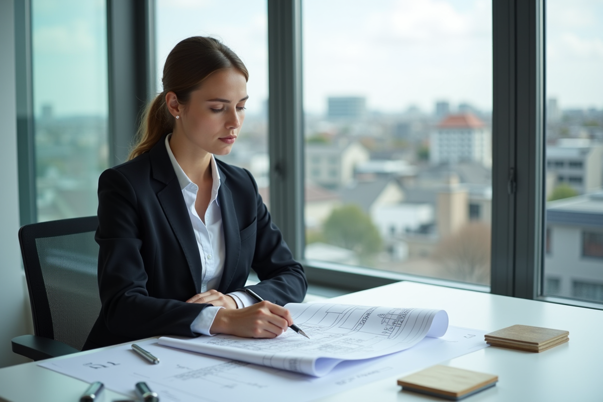 Architecte jeune analysant des plans techniques M1 dans un bureau