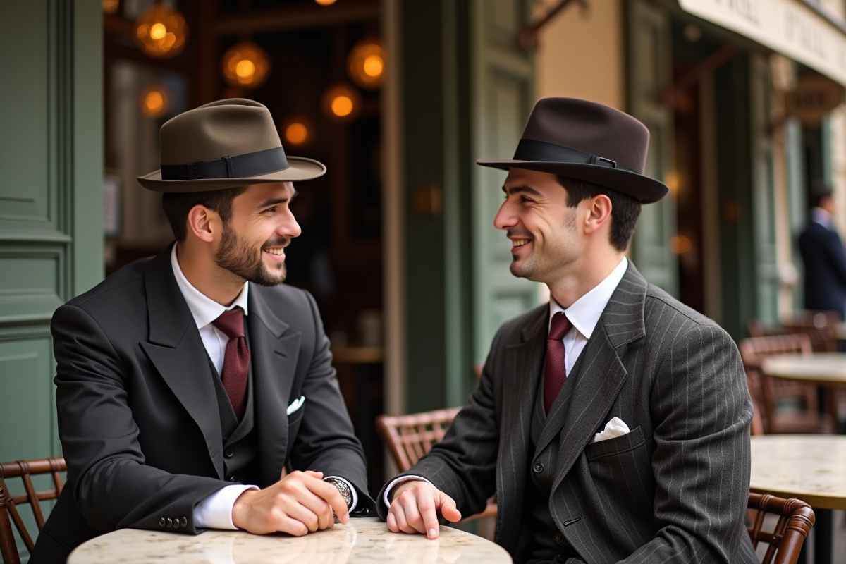 Deux hommes au café parisien des années 1910 en costume