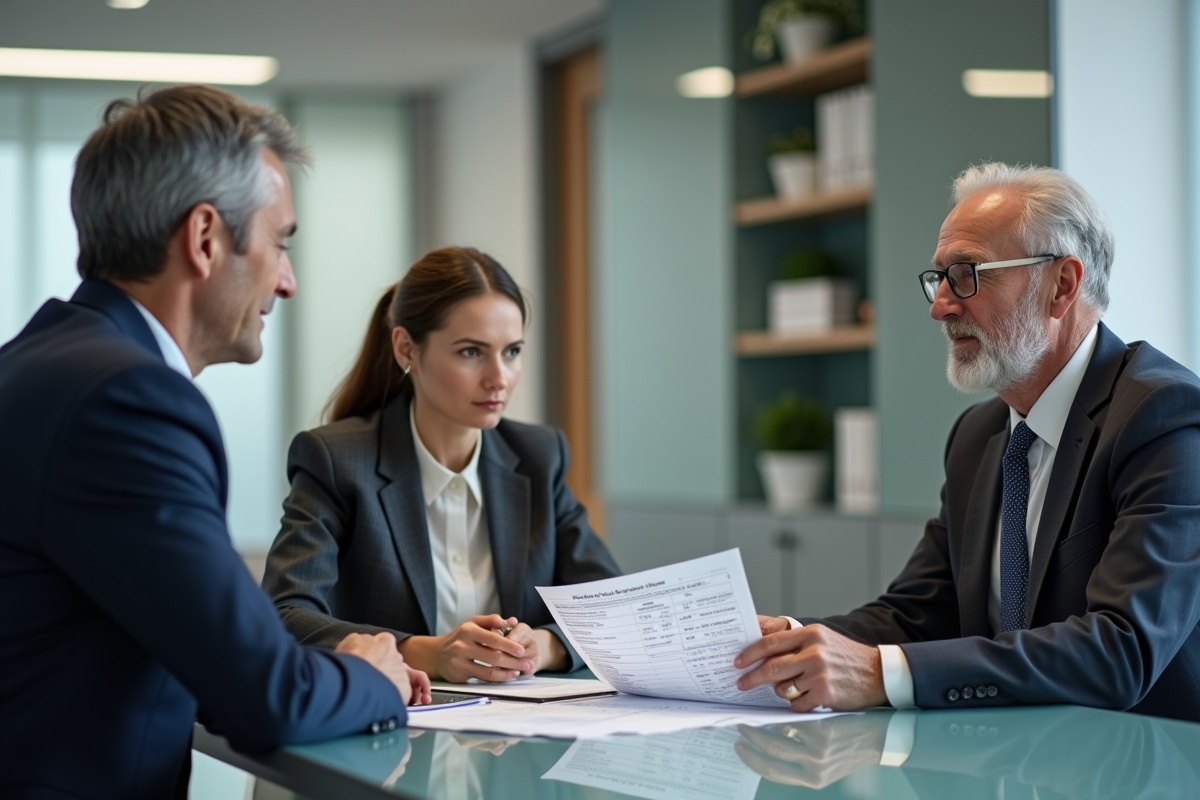 Conseiller financier présentant des options hypothécaires à un couple dans un bureau moderne
