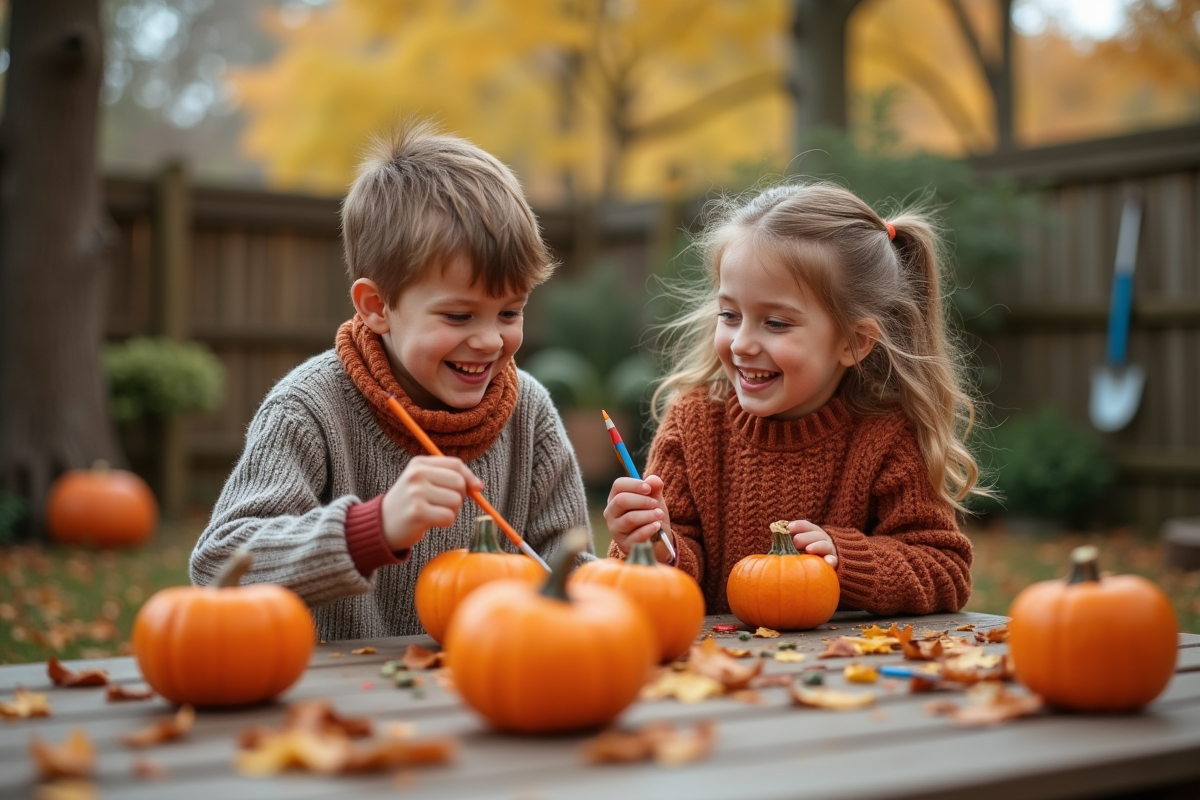 Enfants riant en peignant des petites courges dans le jardin