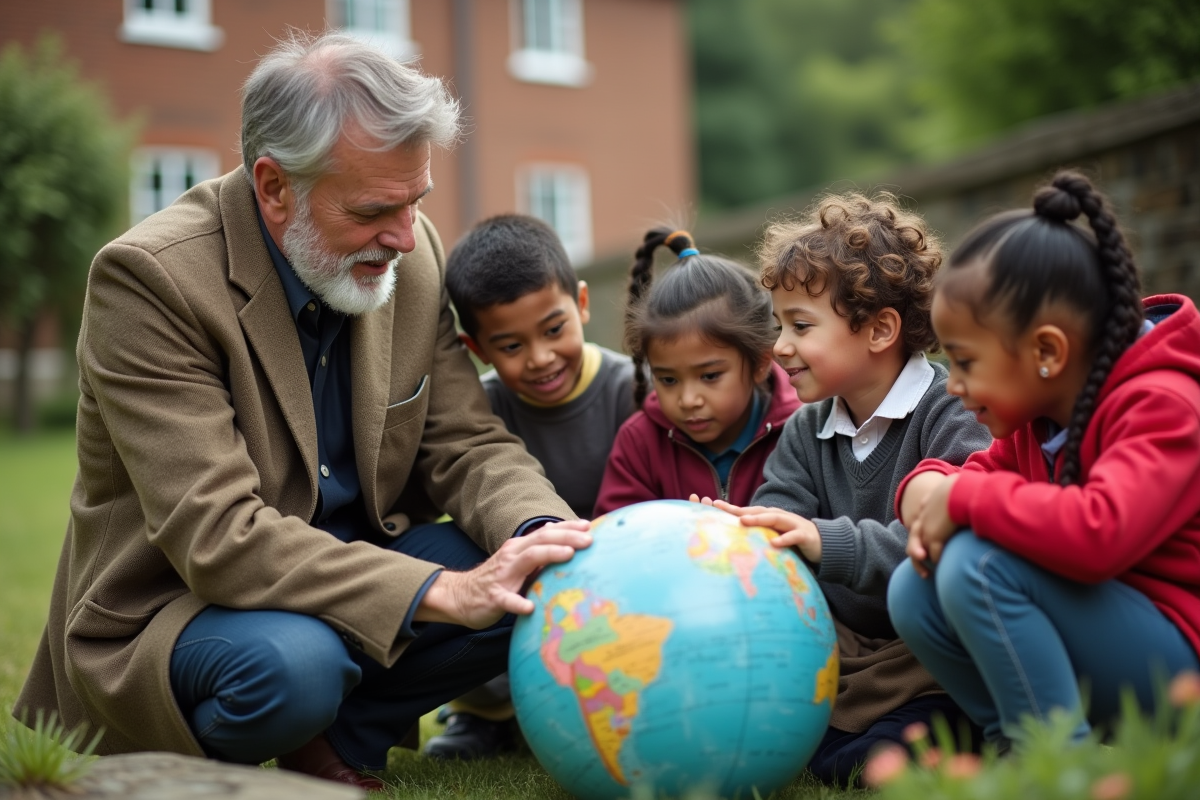 Enseignant avec enfants regardant un globe dans le jardin scolaire