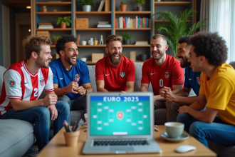 Fans de football divers discutant autour d'une table avec un ordinateur