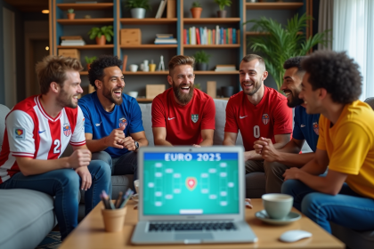 Fans de football divers discutant autour d'une table avec un ordinateur