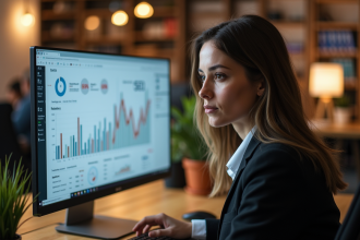Femme en bureau analysant des graphiques SEO sur un grand écran