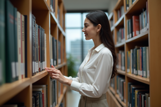 Jeune femme lisant dans une bibliothèque moderne