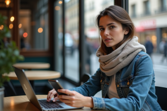Femme au café avec ordinateur et smartphone en ville