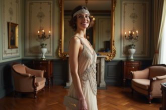 Jeune femme en robe flapper élégante dans un salon parisien