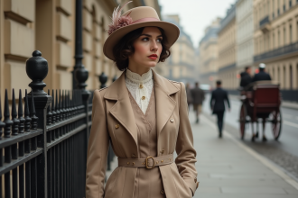 Femme élégante en robe edwardienne dans la rue parisienne