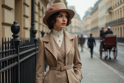 Femme élégante en robe edwardienne dans la rue parisienne