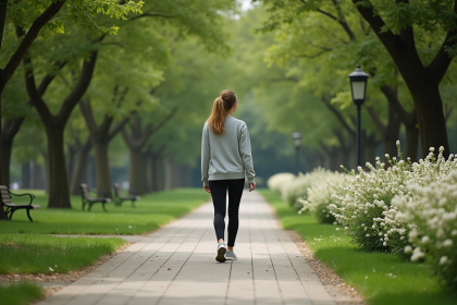 Femme en tenue de sport marche dans un parc verdoyant