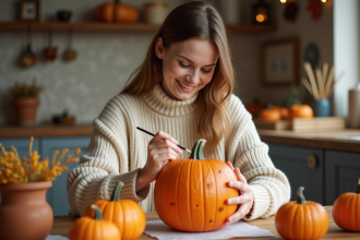 Femme souriante peignant un gros potiron d'automne dans la cuisine