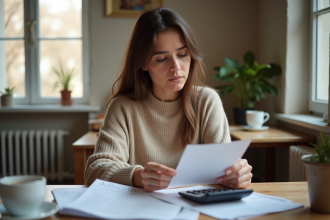 Femme française réfléchissant à ses papiers administratifs