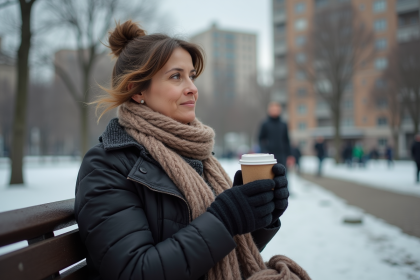 Femme d'&acirc;ge moyen assise dans un parc en hiver