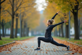 Femme d'âge moyen en sport en pleine lunge dans un parc urbain