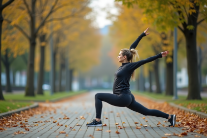 Femme d'âge moyen en sport en pleine lunge dans un parc urbain