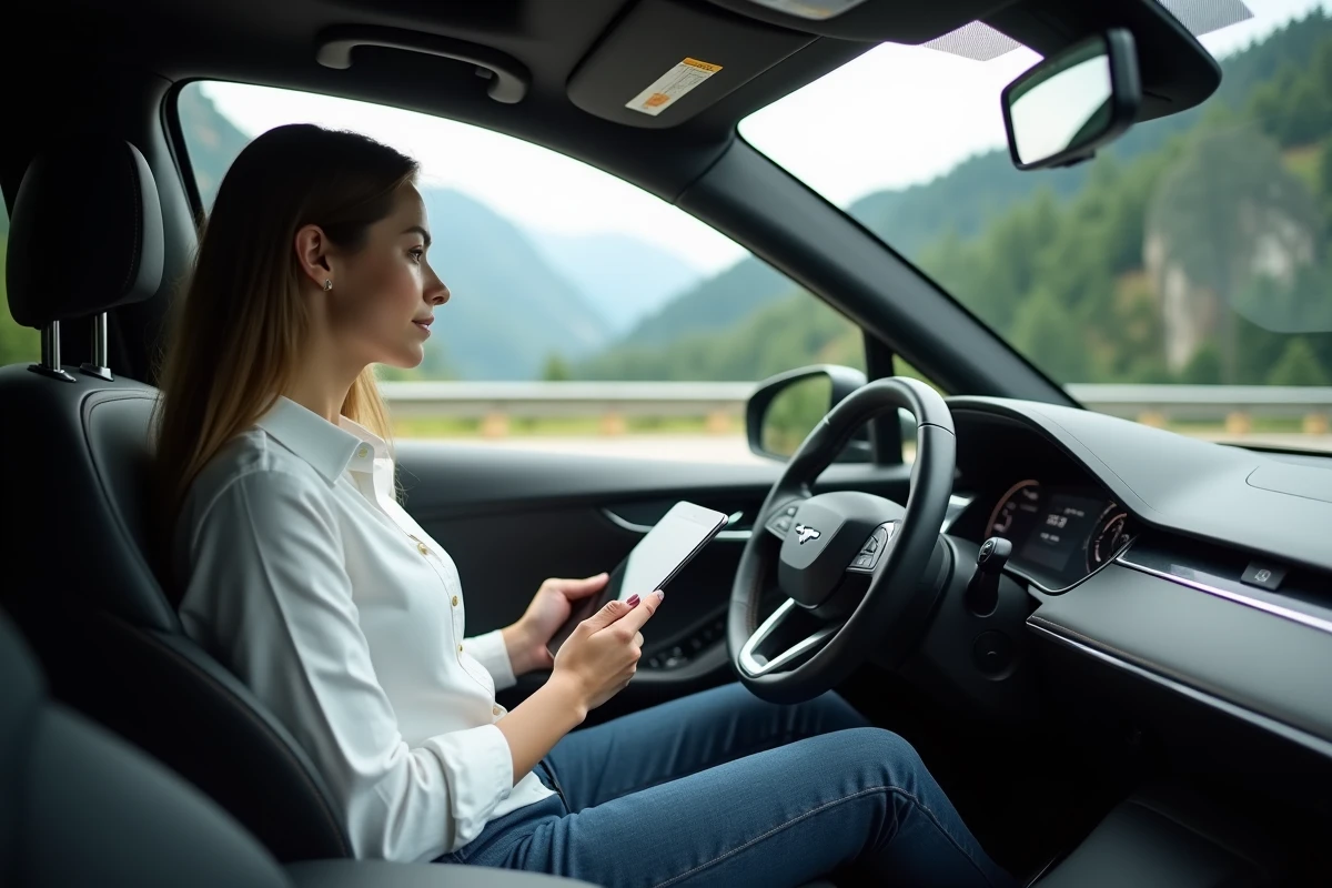 Jeune femme dans une voiture autonome en montagne
