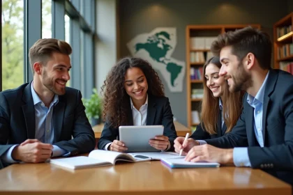 Groupe de lycéens souriants en bibliothèque moderne