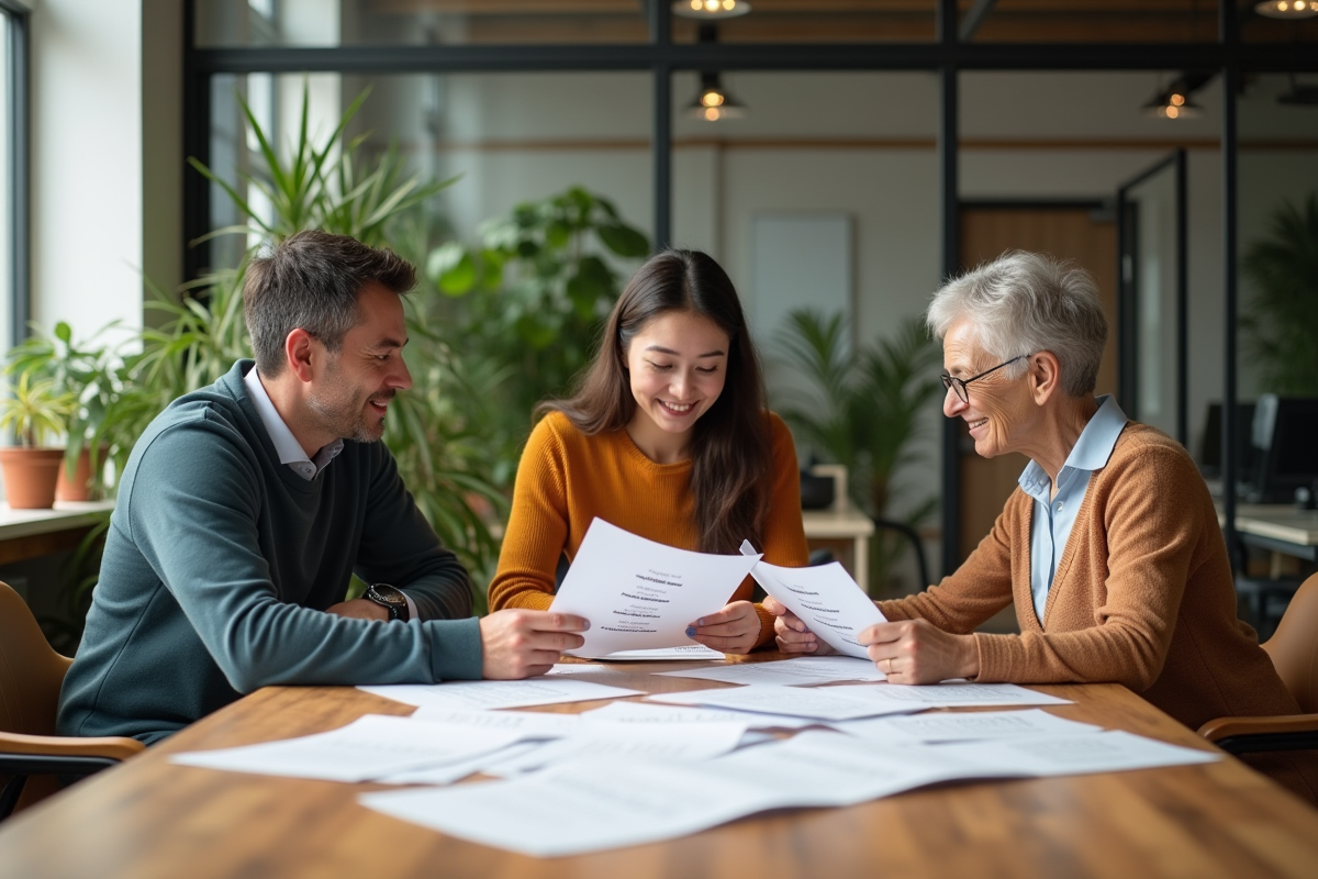 Groupe de trois personnes discutant autour d