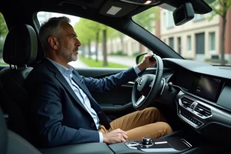 Homme d'âge moyen dans une voiture de luxe moderne