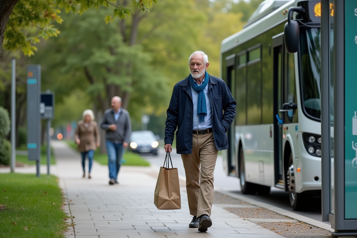Homme âgé sortant d’un bus électrique dans un environnement suburbain