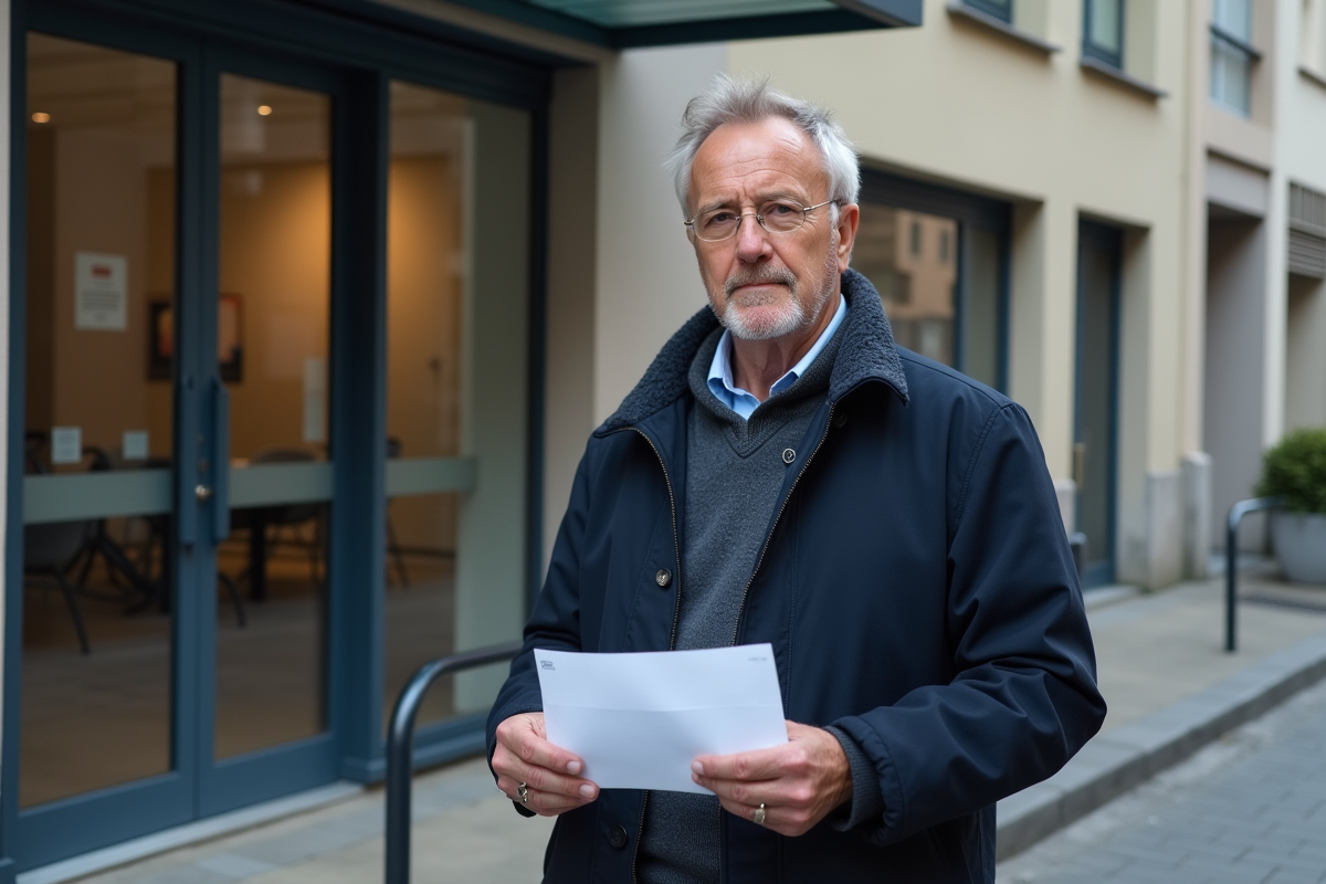 Homme français tenant un formulaire de demande sociale en extérieur