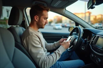 Jeune homme en voiture regardant son smartphone