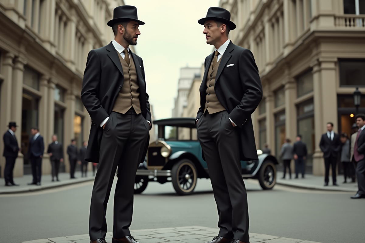 Deux hommes en costumes 1920s discutant en ville