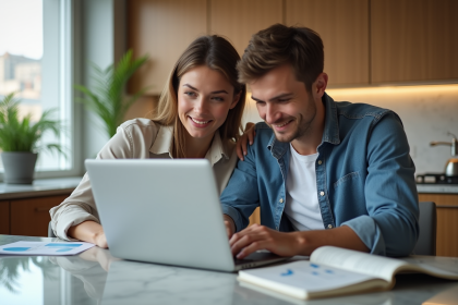 Jeune couple analysant des taux hypoth&eacute;caires dans une cuisine lumineuse