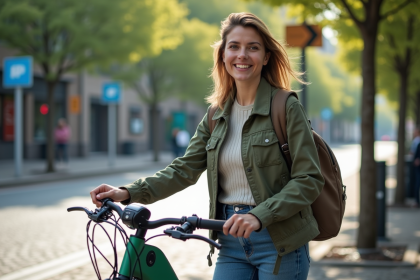 Jeune femme souriante déverrouillant un vélo électrique en ville