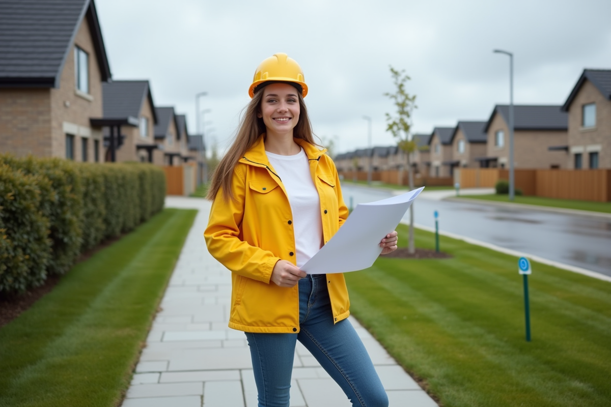 Jeune femme en imperméable jaune regardant terrains en construction