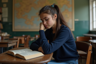 Jeune fille concentrée lisant en classe avec cartes anciennes