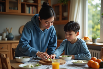 Jeune garçon de 15 ans aidant sa mère à dresser la table