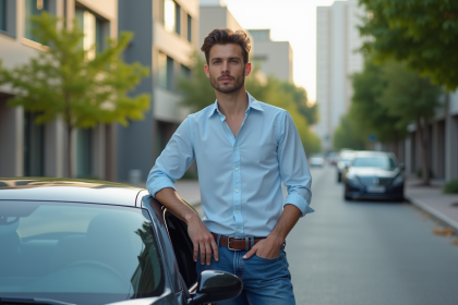 Jeune homme confiant avec voiture moderne en ville