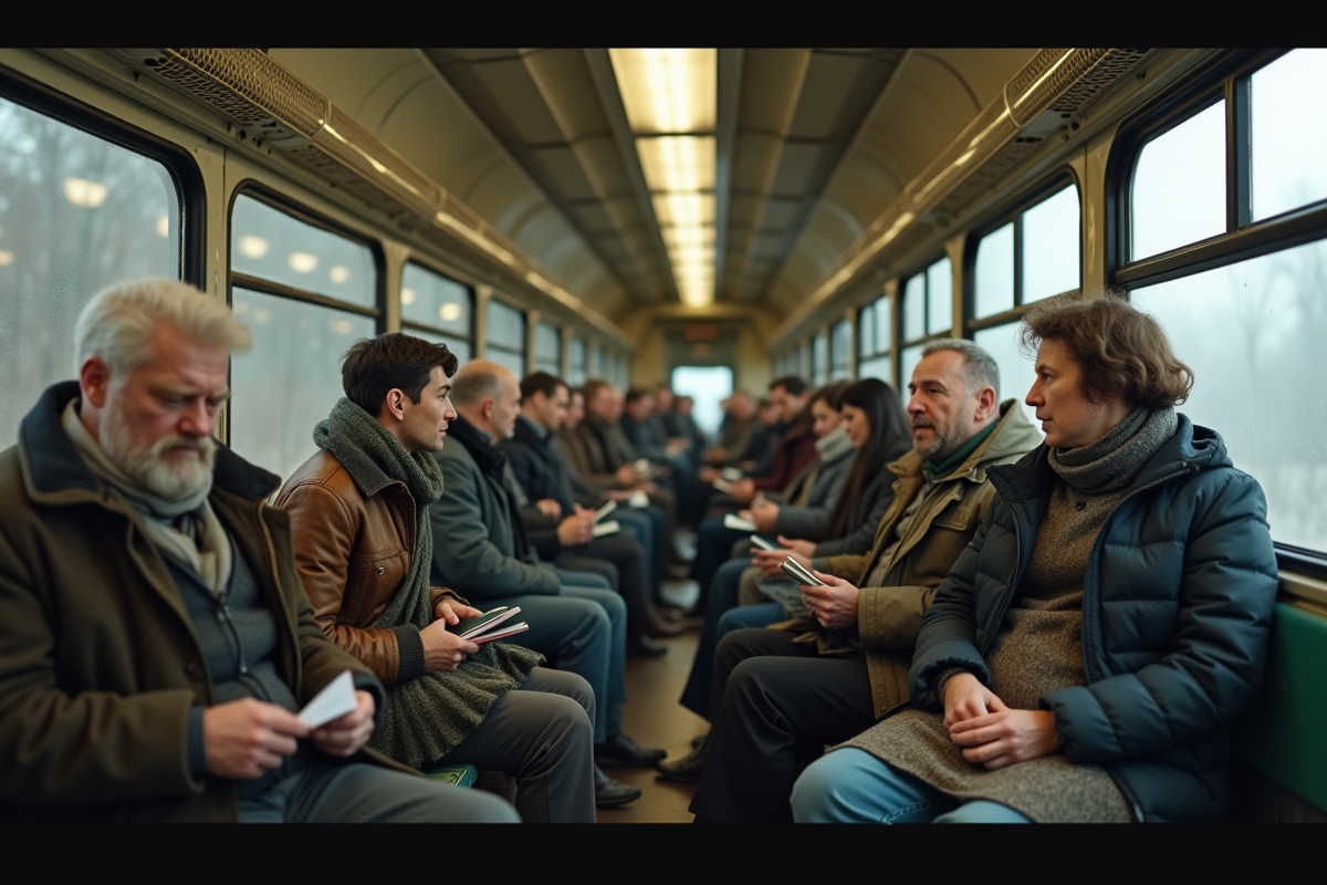 Groupe de passagers discutant dans un train avec bagages et documents