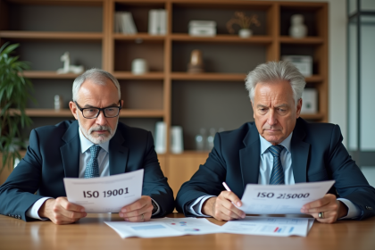 Homme et femme en r&eacute;union d'affaires avec documents ISO 9001 et 22000