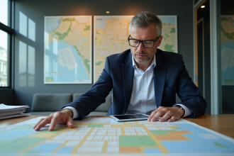 Urbaniste étudiant une carte de zonage en bureau moderne